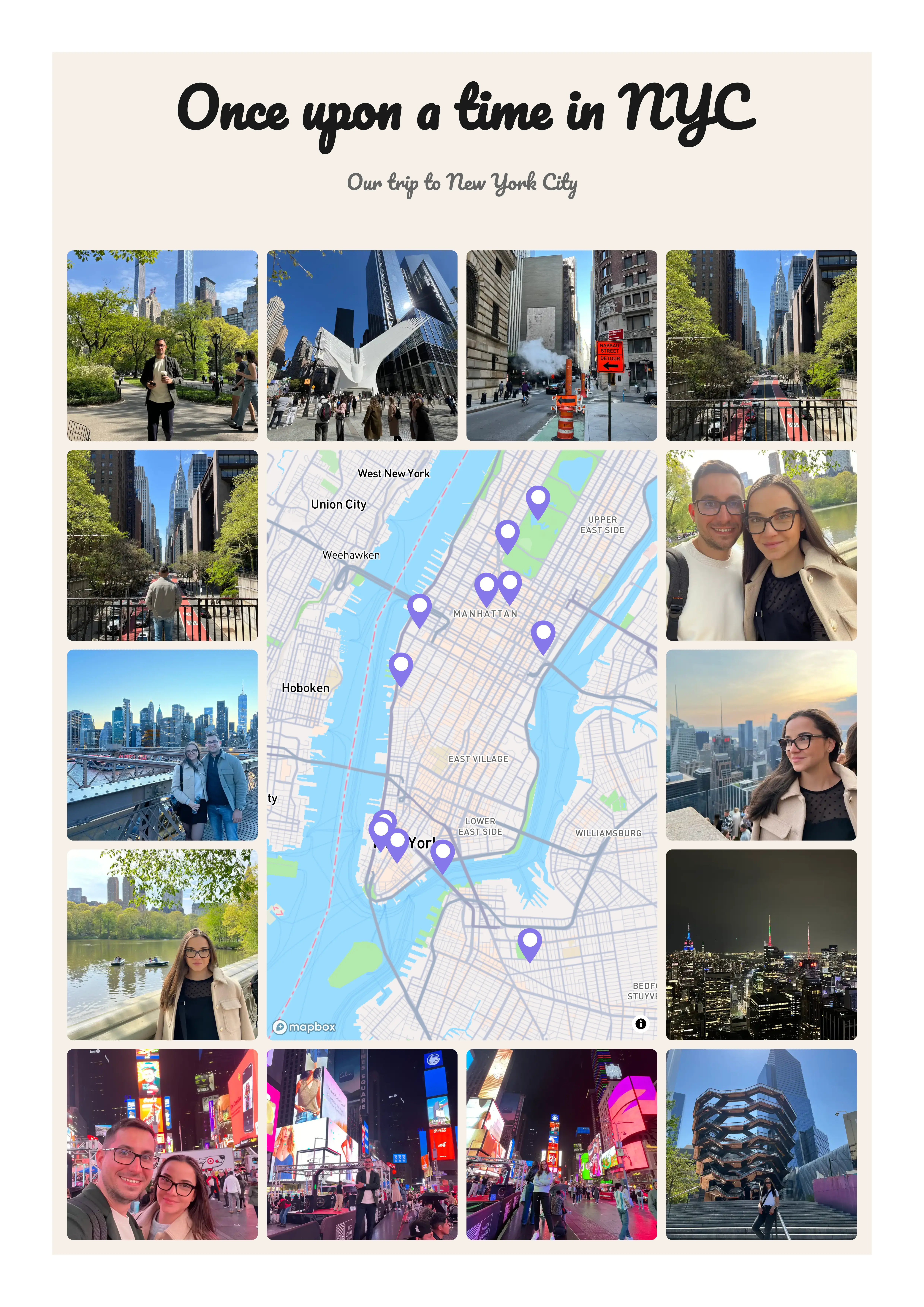 Travel map poster showing photos arranged around a map