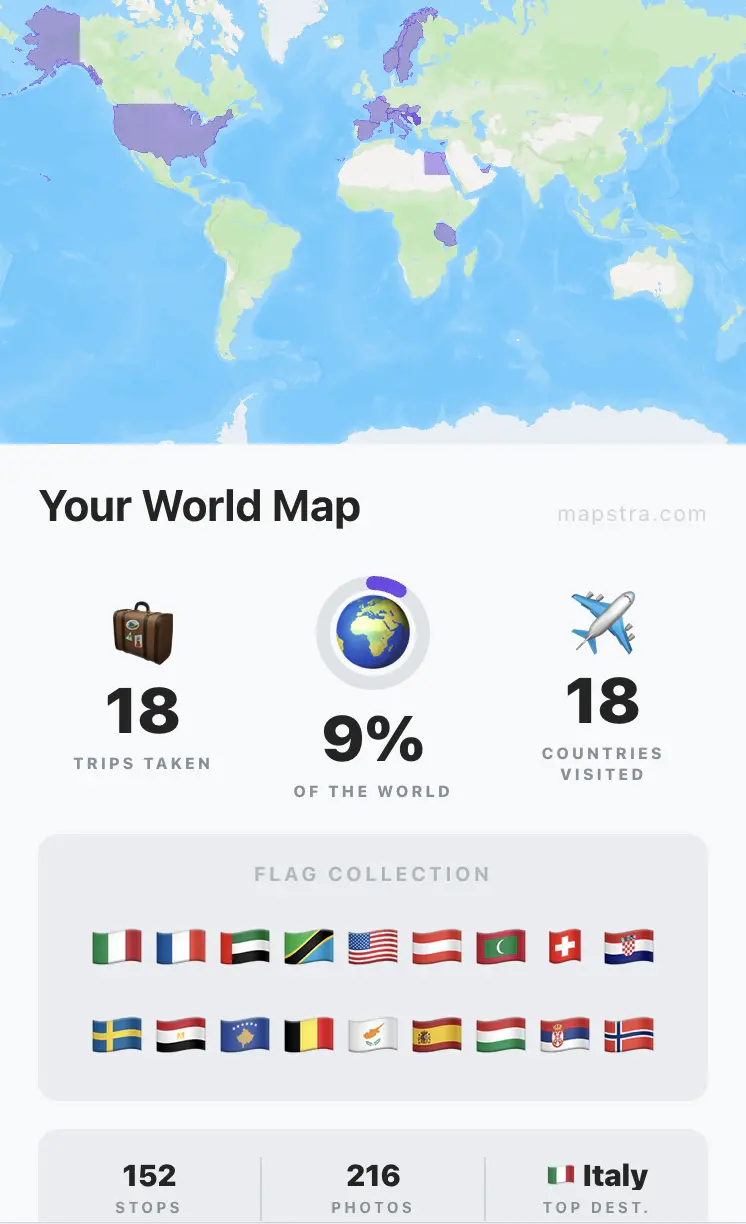 Mapstra travel map profile on mobile showing world map, travel stats with trips taken, countries visited, and flag collection